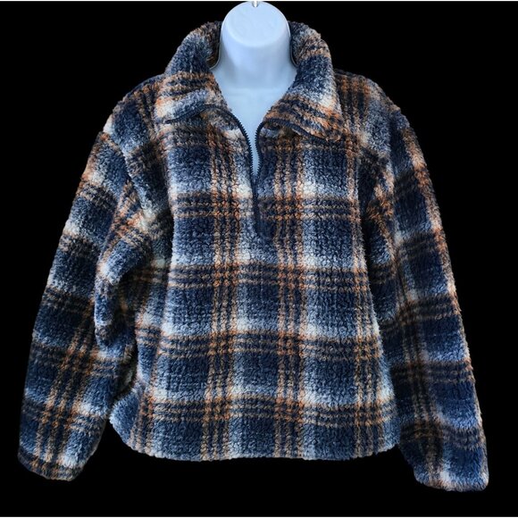Lazy Sunday Womens Plaid Sherpa Fleece Pullover Jacket Large warm cozy cottageco - Picture 1 of 7